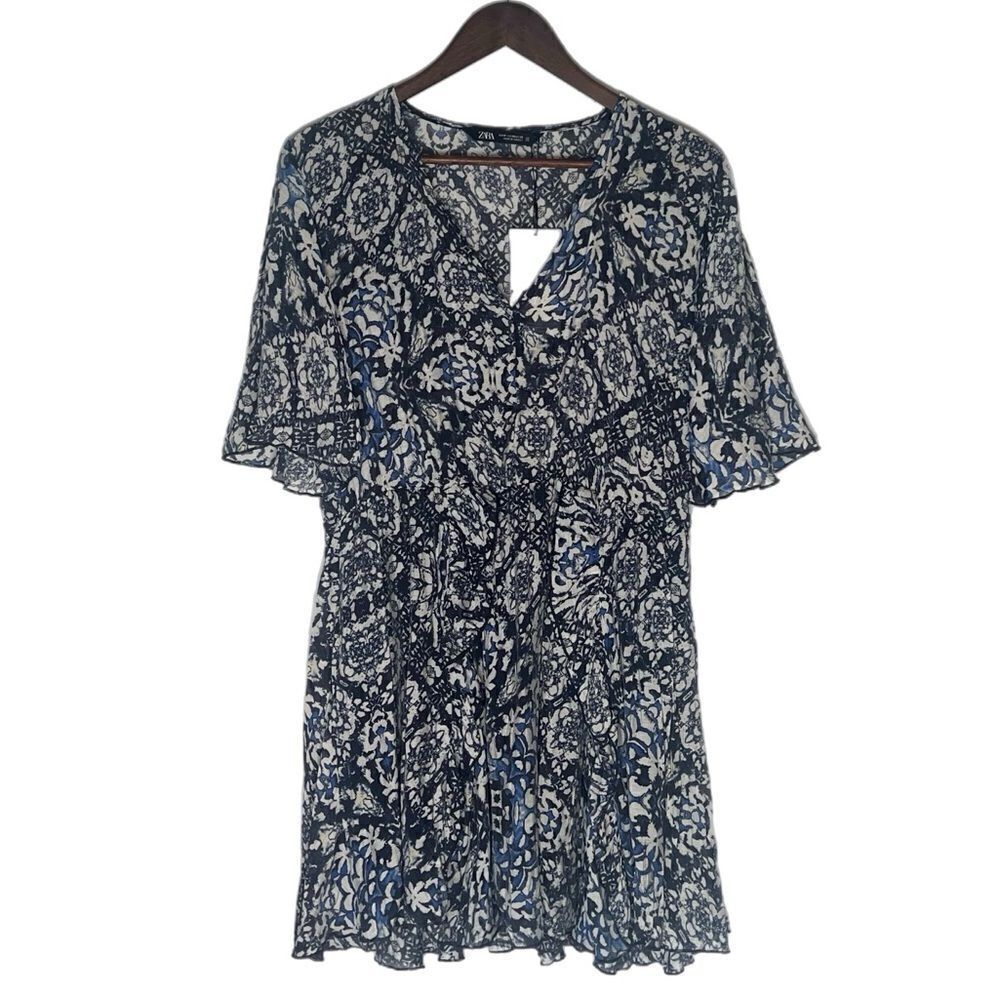 Zara Blue Ruffle Batik Printed Mini Dress - Picture 3 of 9